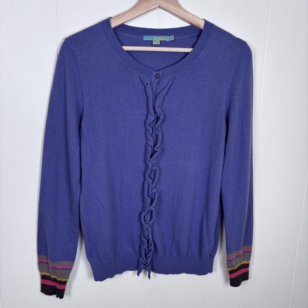 Boden Cashmere Blend Ruffle Cardigan  Striped Cuff Long Sleeve Purple US‎ 8